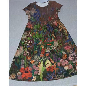 Misslook Short Sleeve Maxi Dress Womens Size XL Brown Watercolor Paint Garden